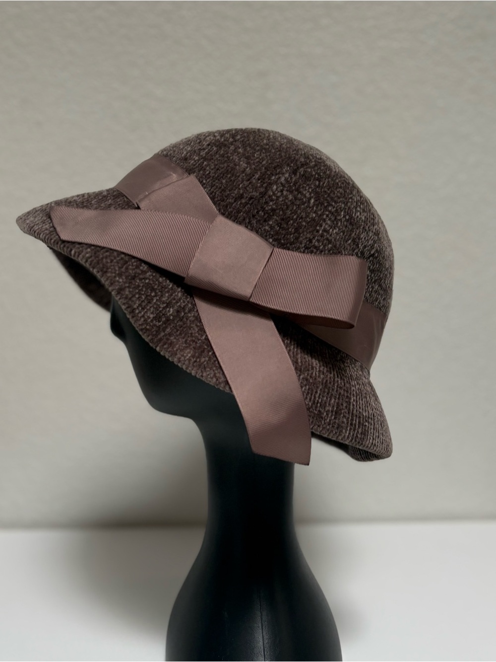 Brown Wool Cloche Hat with Ribbon Bow